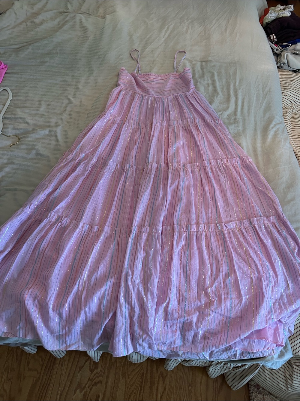SAYLOR Pink Metallic Stripe Smocked Tiered Maxi Dress